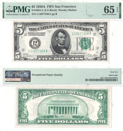 1928-A. $5. F-1951-L. PMG. Gem-65. EPQ. Federal Re